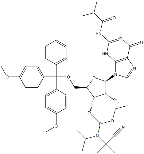 5'-O-[Bis(4-metoxifenil)fenilmetil]-2'-desoxi-2'-fluoro-N-(2-metil-1-oxopropil)guanosina 3'-[2-cianoetil N,N-bis( 1-metiletil)fosforamidita]